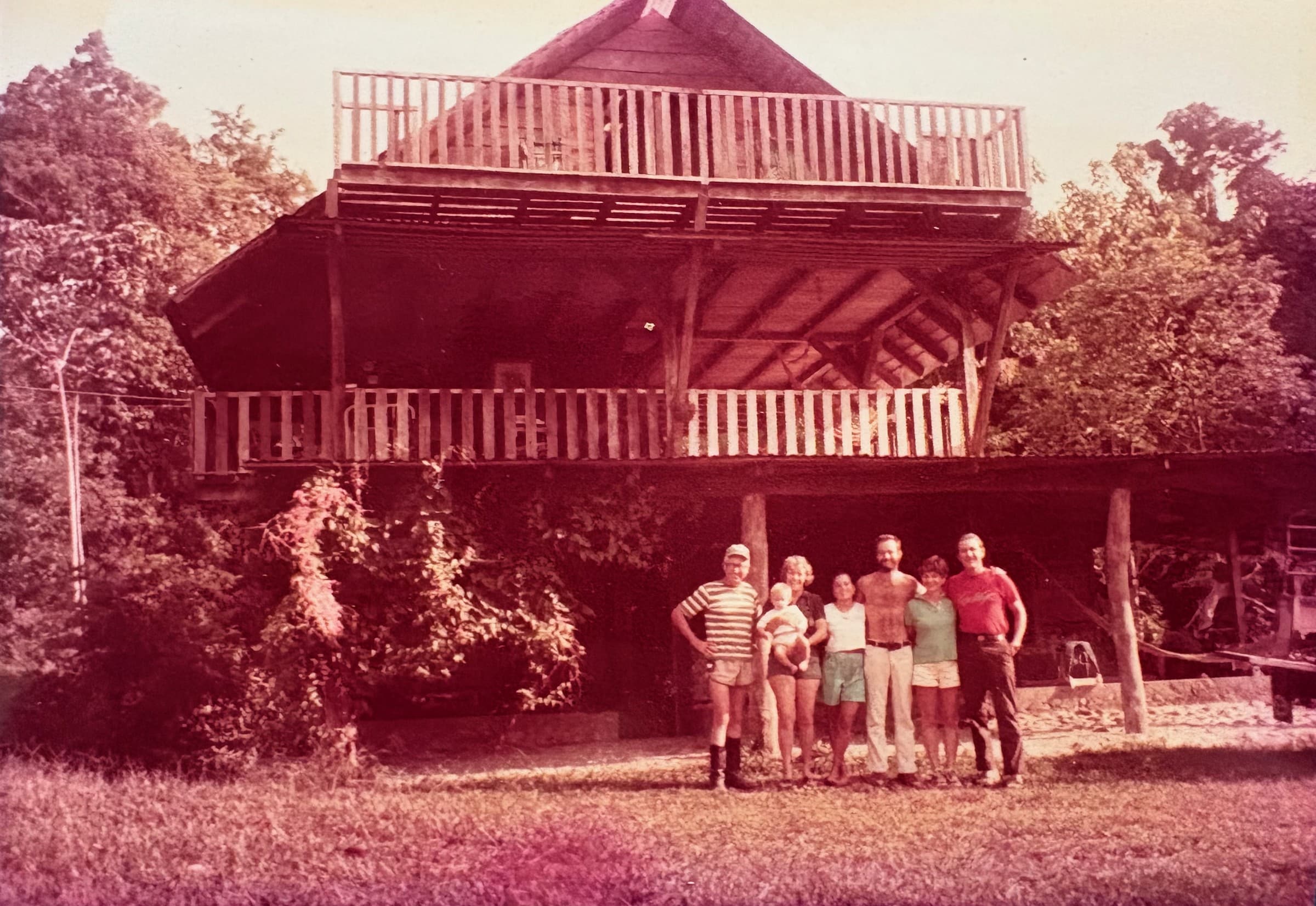 Family visiting Tiskita in 1983–84, gathered in front of the original lodge