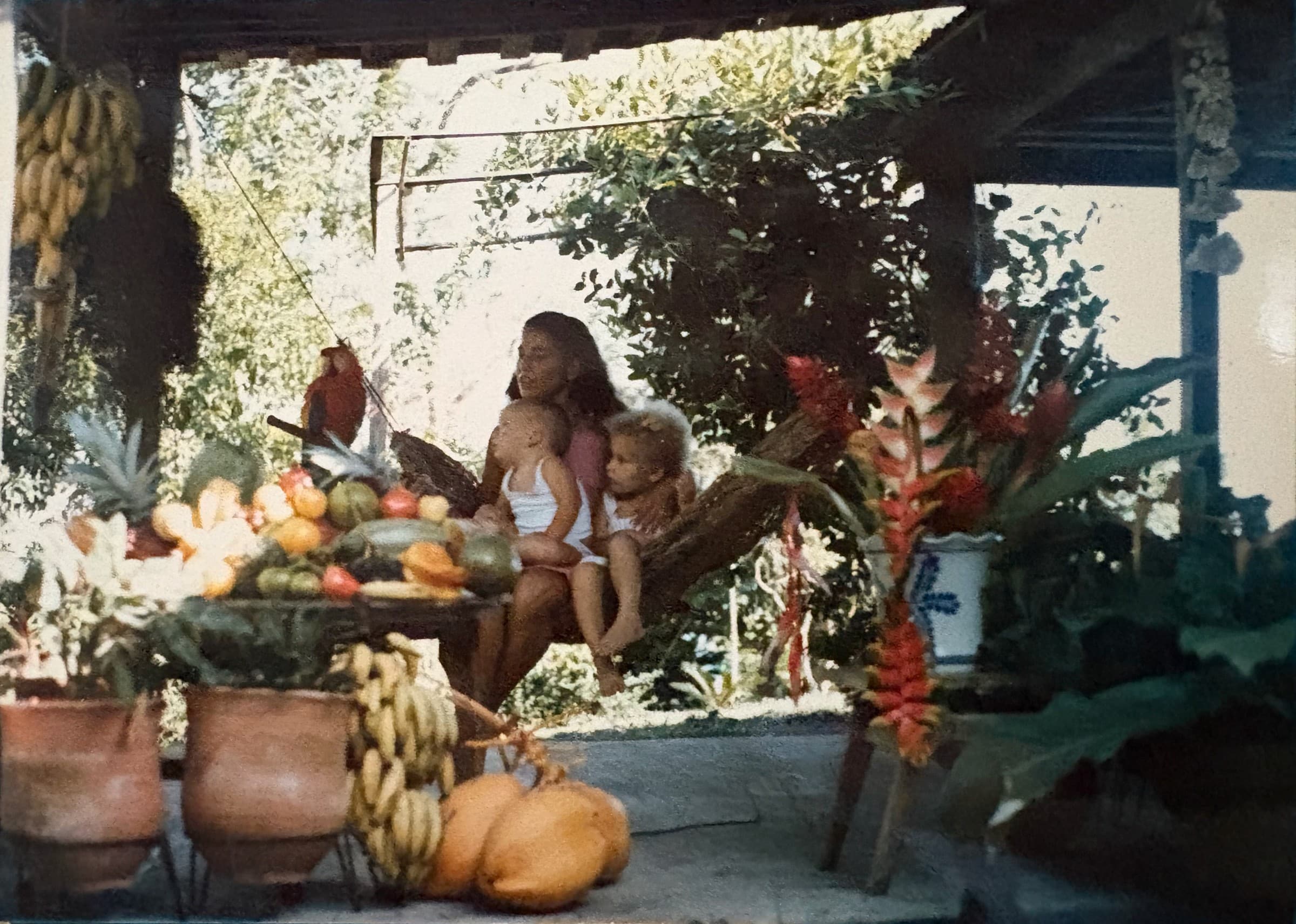 Lisbeth with Alanna and Clyde beside a display of tropical fruit and Azura the scarlet macaw at Tiskita